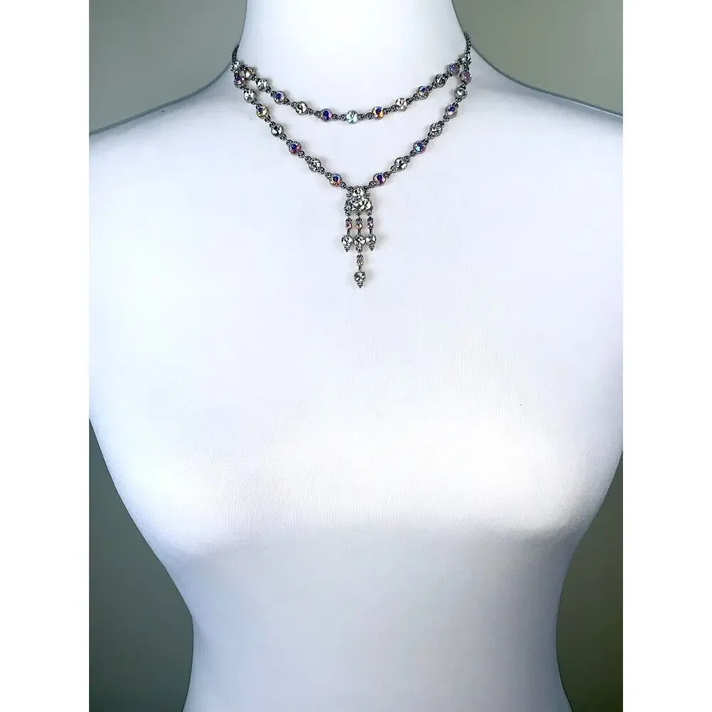 Vintage Silver Double Strand Clear Prism Crystal Drop Statement Necklace